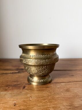 Vintage Brass Pedestal Bowl | Engraved Floral Cachepot Planter Decor